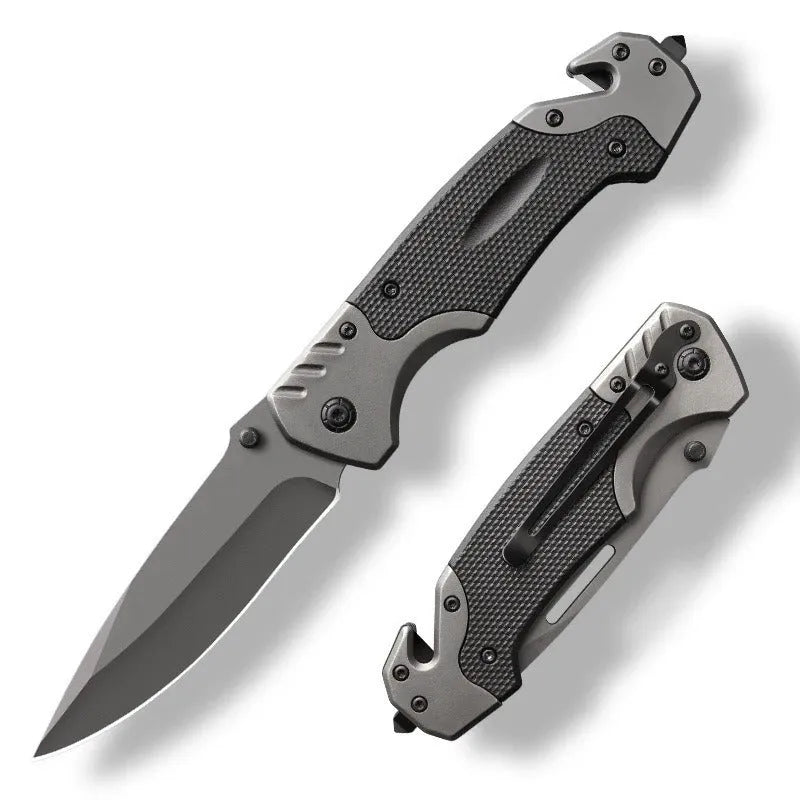 Alloy folding knife with 60-degree blade tip angle showing plain and textured handle options
