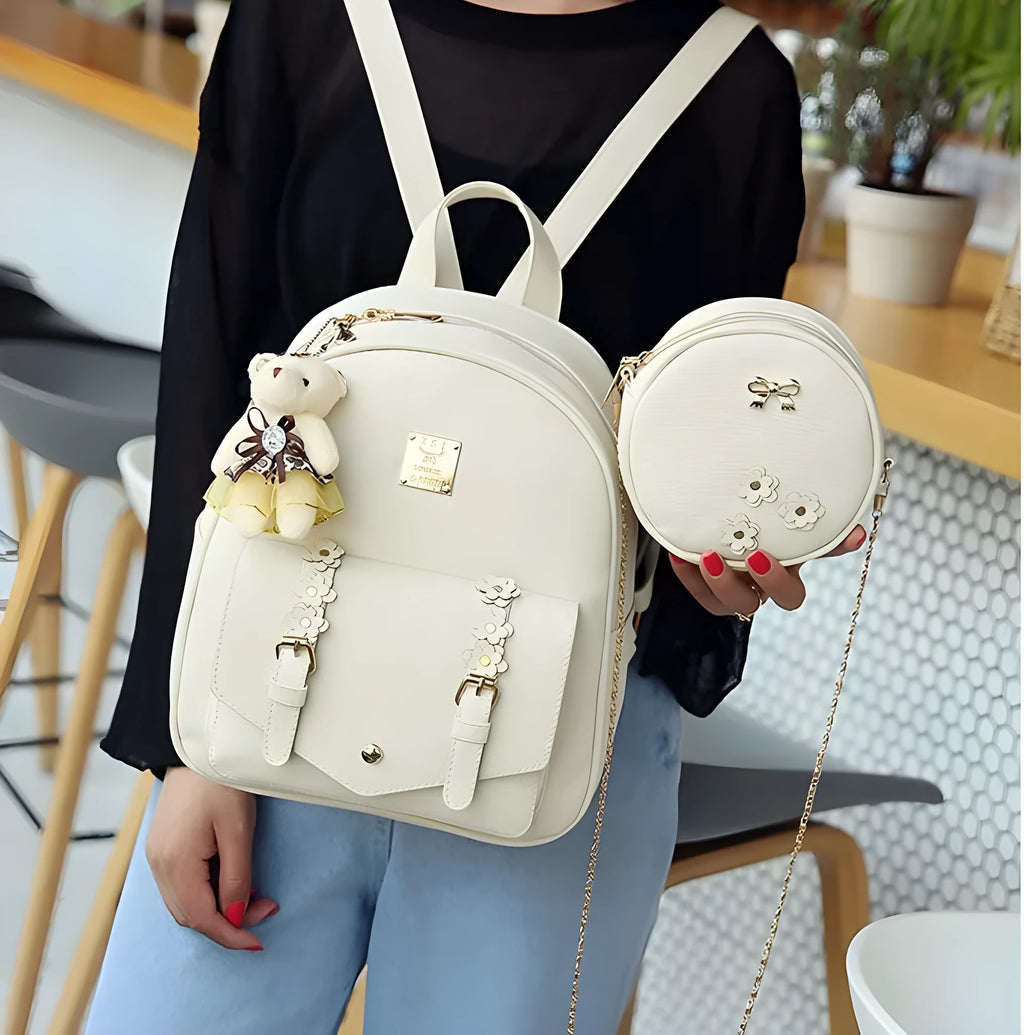 Women's 3-piece PU leather bag set with backpack, shoulder bag, and card bag
