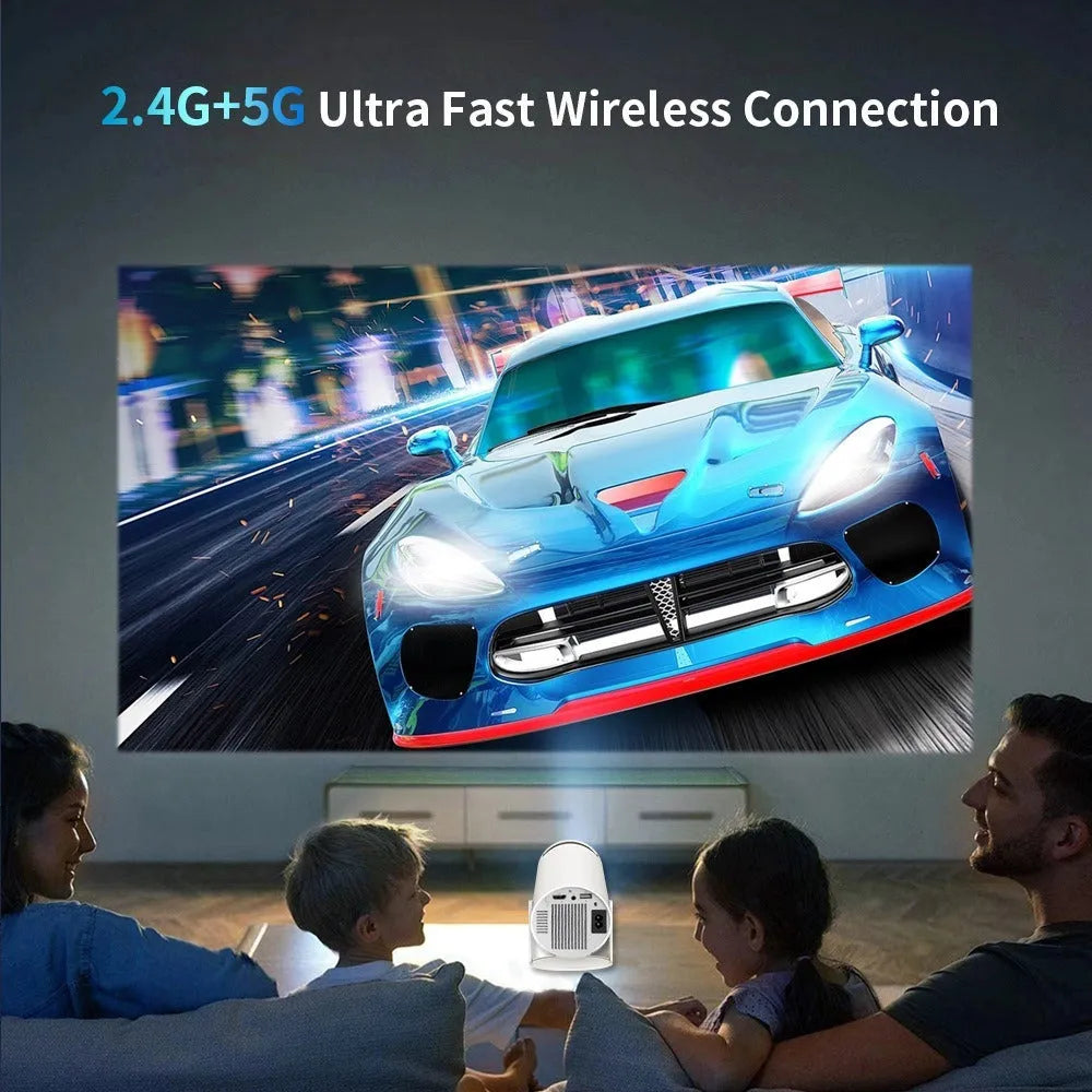 White Barrel X10 PLUS portable HD projector with wireless gamepad and remote control on table