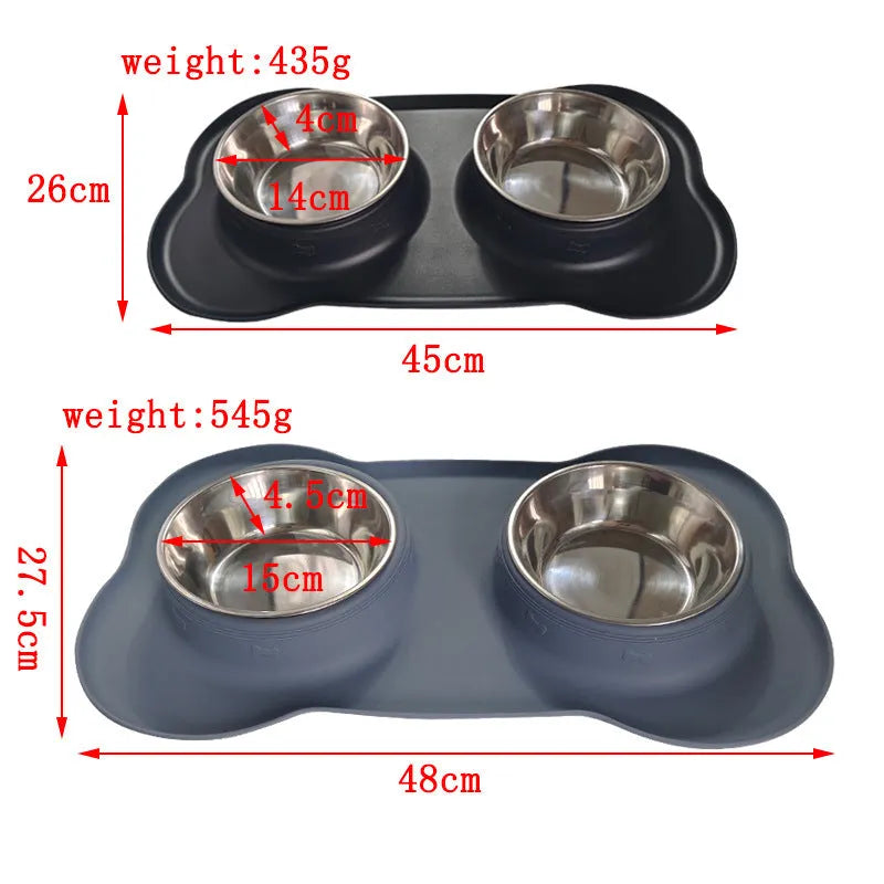 Large double dog bowl silicone feeding mat with stainless steel bowls in blue colour