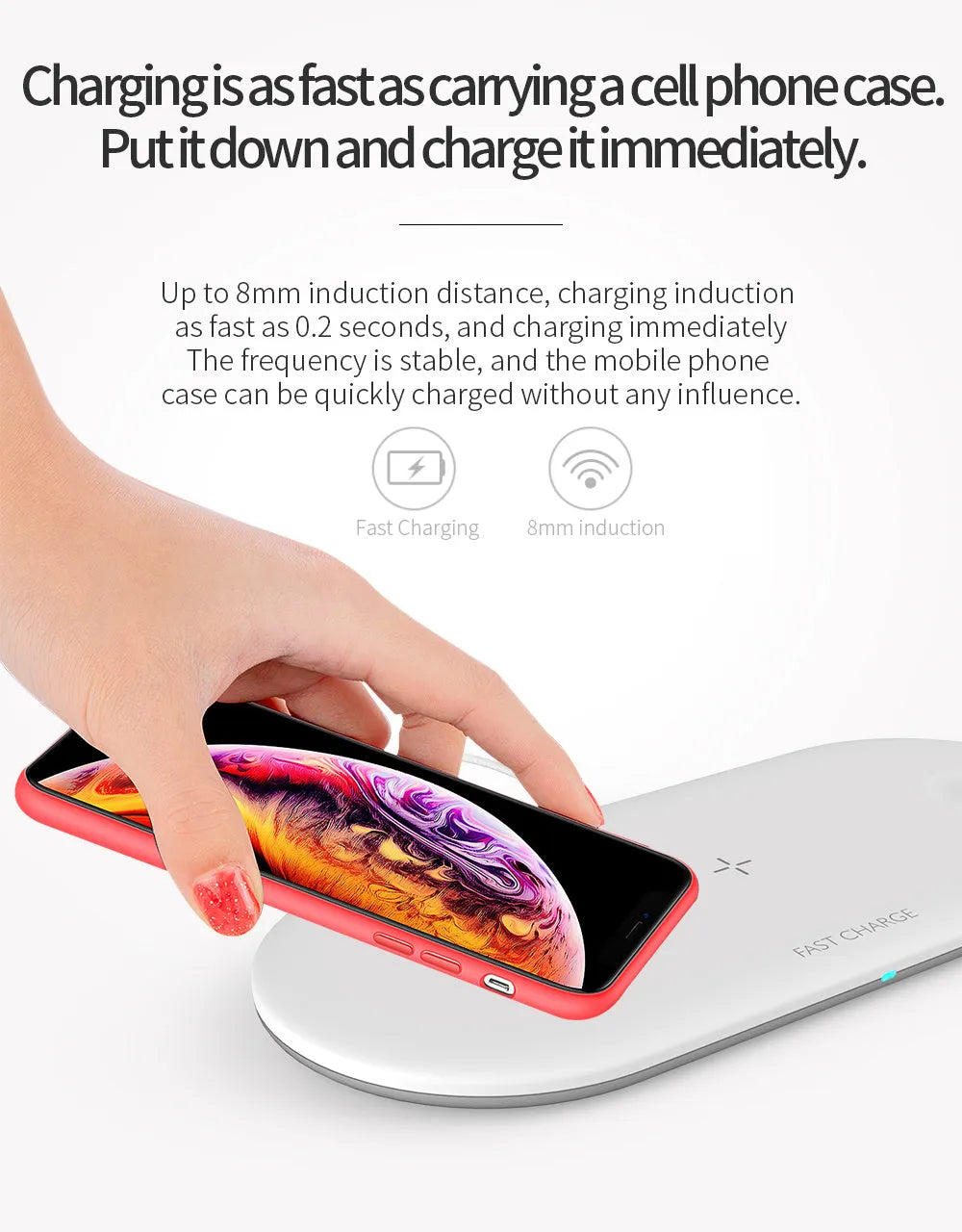 Black or white three-in-one wireless charging station for Apple-compatible phone, watch, and headphones on a desktop