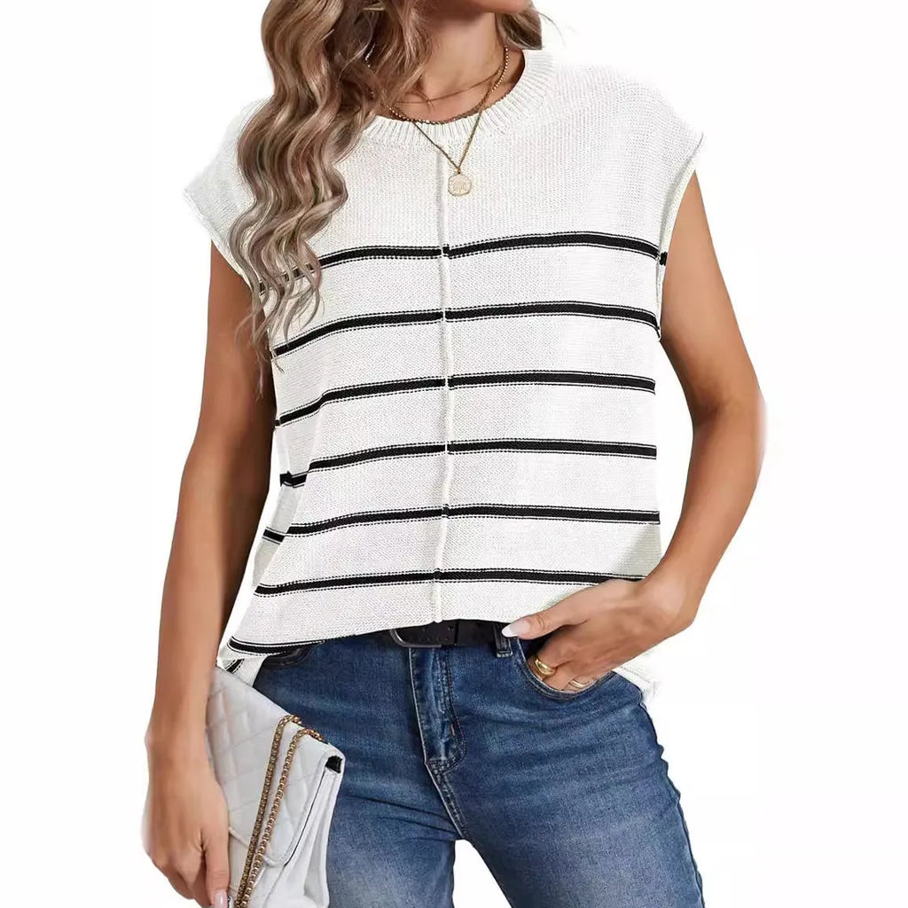 Women's striped sleeveless pullover vest in acrylic fabric, shown in multiple colour options.