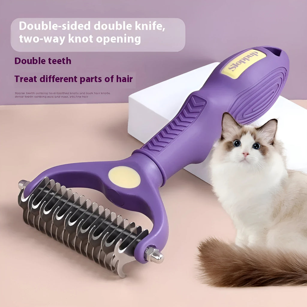 Purple double-sided plastic pet comb for untying knots in dog and cat fur