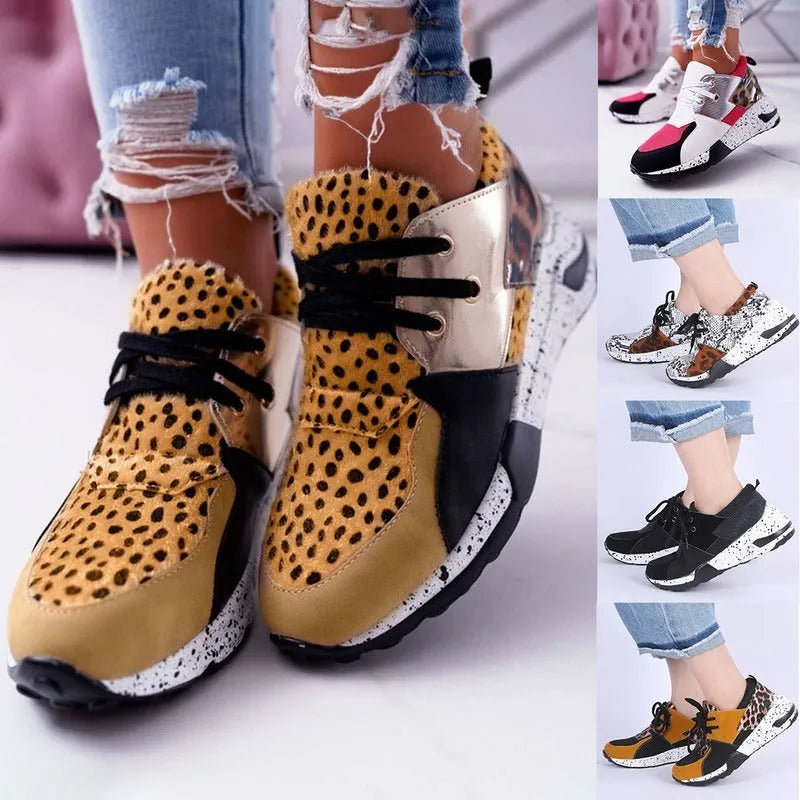 Women's casual suede sneakers with wedge heel in leopard print and black colour options