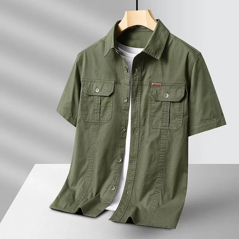 Solid colour short sleeve men's cotton blend work shirt, loose fit, available in dark blue