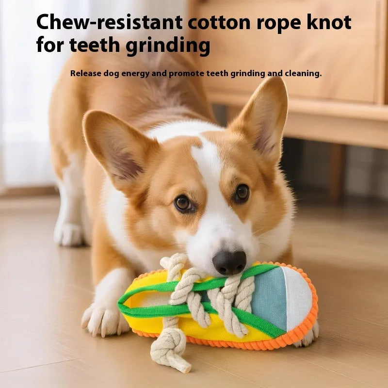 Plastic dog sound slippers toy in three colour variations: rock yellow, black, and sea fog blue