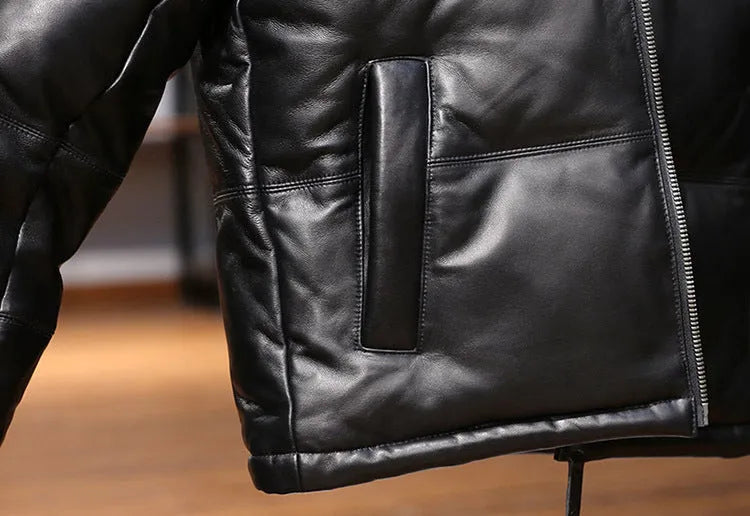 Men's black stand collar sheepskin down leather jacket with white duck down filling, pocket decoration, and cashmere fabric