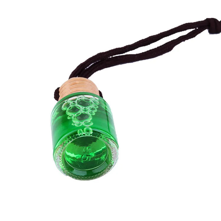 Car air freshener glass bottle hanging ornament with 55g net content, available in six scents including lavender and lemon