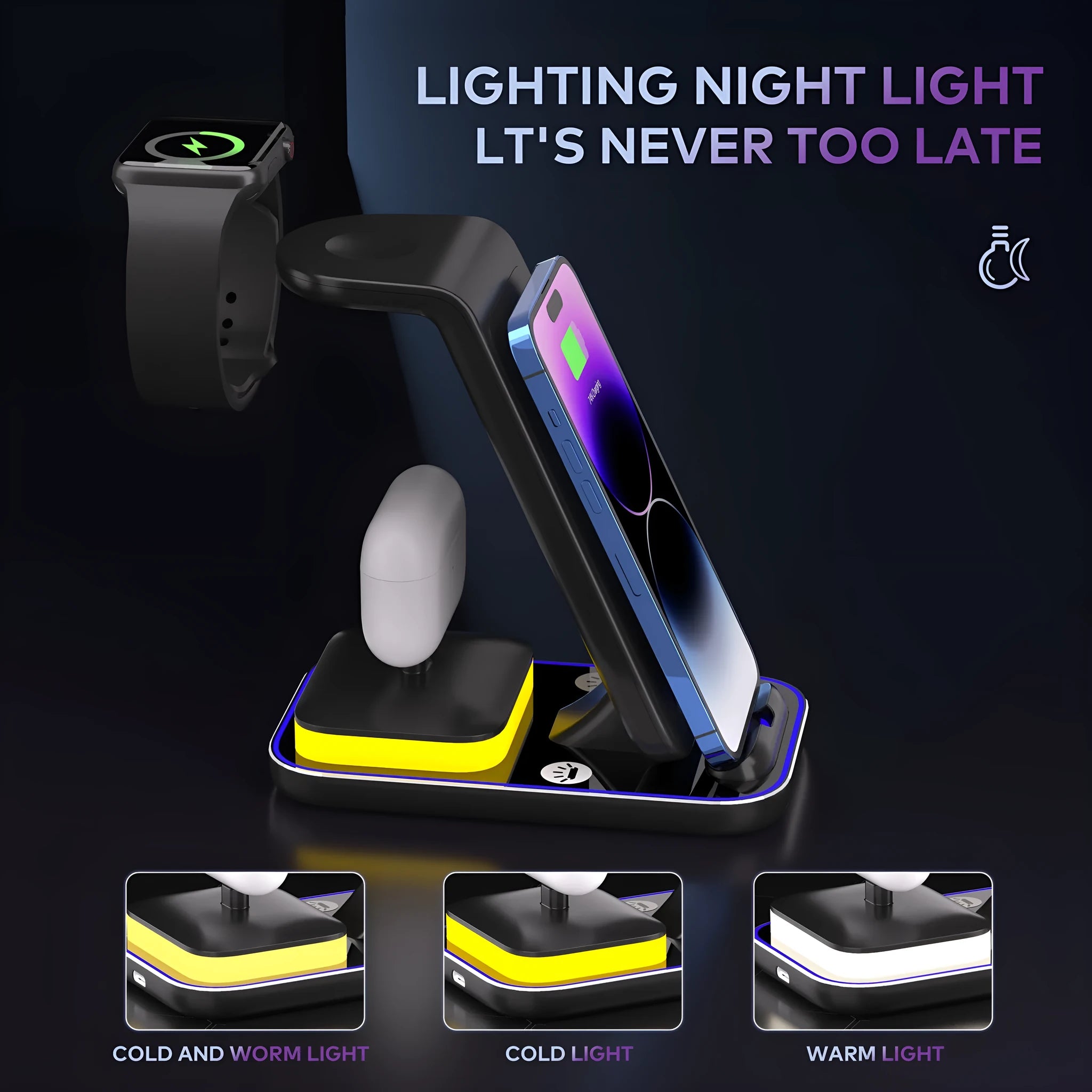 Vertical wireless charging stand for mobile phones, watches, and headsets in black or white