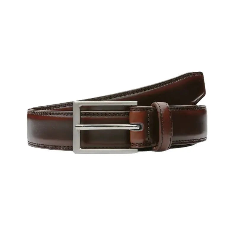 Men's genuine leather casual belt with an alloy buckle shown in 95 grain brown, displayed with length options.
