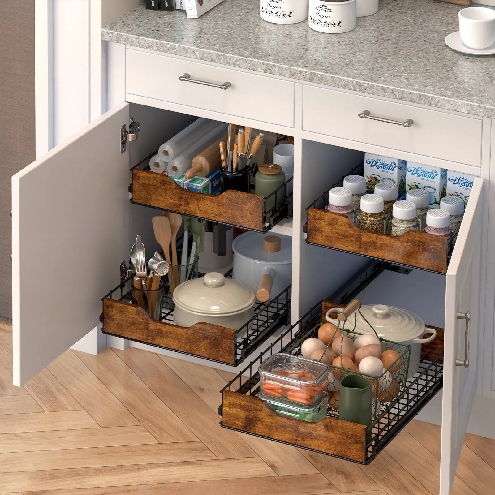 Black storage rack with wood and iron construction featuring pull basket design for household organisation