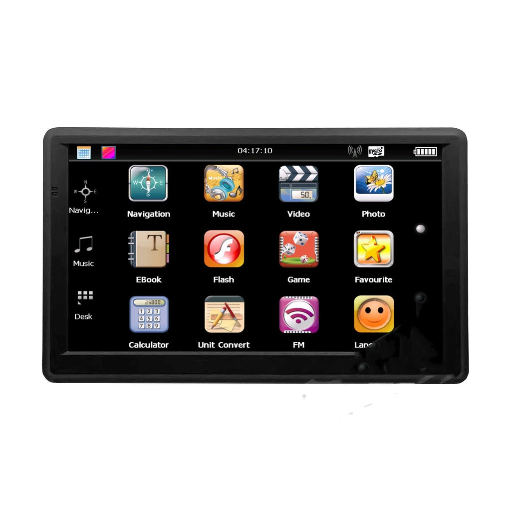 7-inch portable car GPS navigation device with mount and charger on a car dashboard