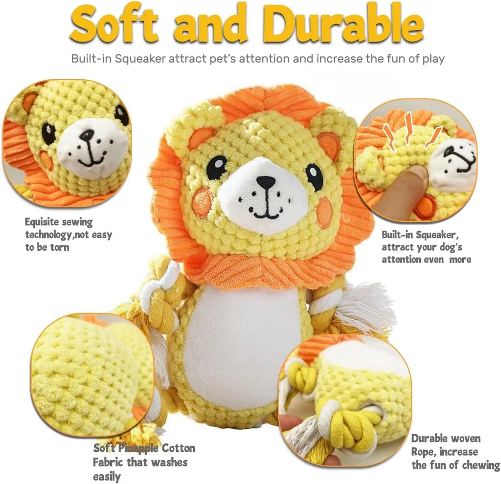 Plush squeaky dog toy assortment showing Lion and Monkey designs with stuffing-free construction