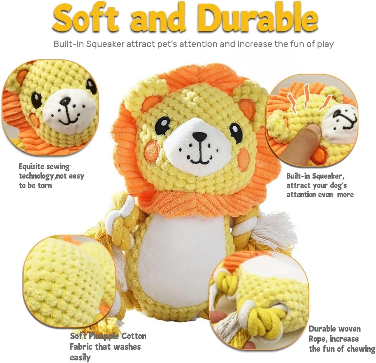Plush squeaky dog toy assortment showing Lion and Monkey designs with stuffing-free construction