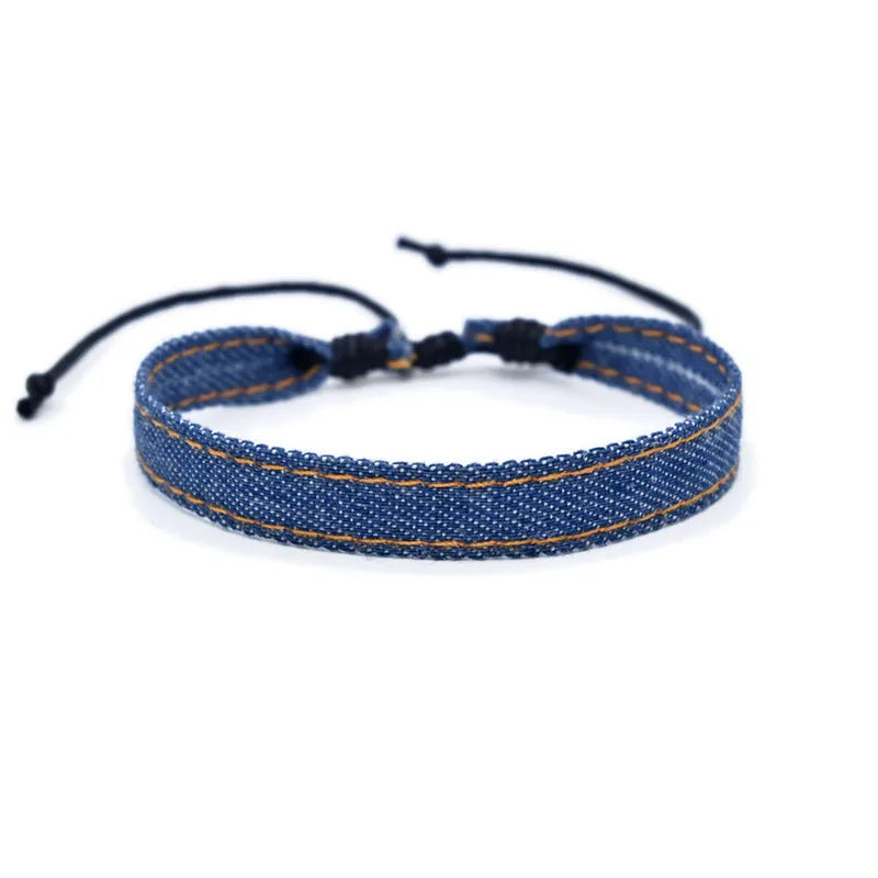 Denim fabric bracelet carrying strap with national style design and mixed materials