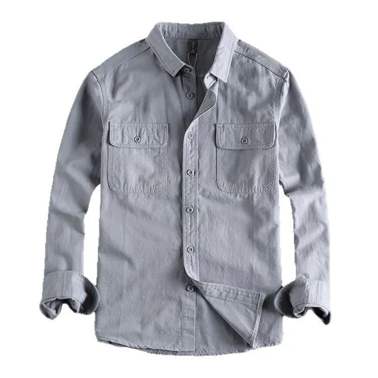 A man's loose-fitting long sleeve cardigan shirt in light grey, black, khaki, or green.