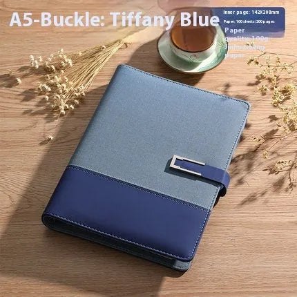 A5 business notebook with PU leather cover in brown, black, green, blue, or red, alongside a luxury gift box.