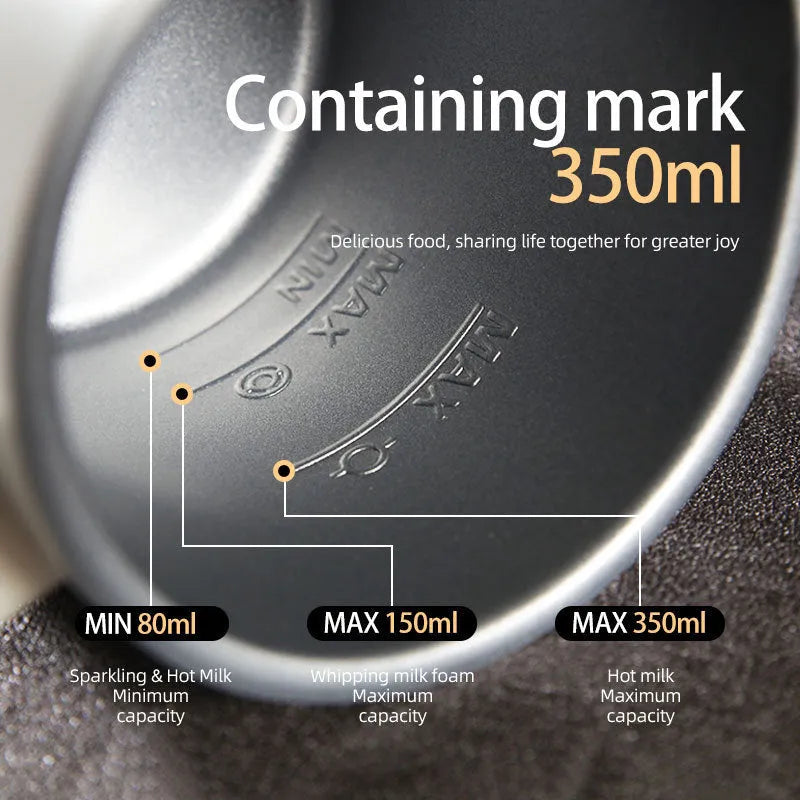 White knob-style milk frother with stainless steel body and 350ml capacity on countertop
