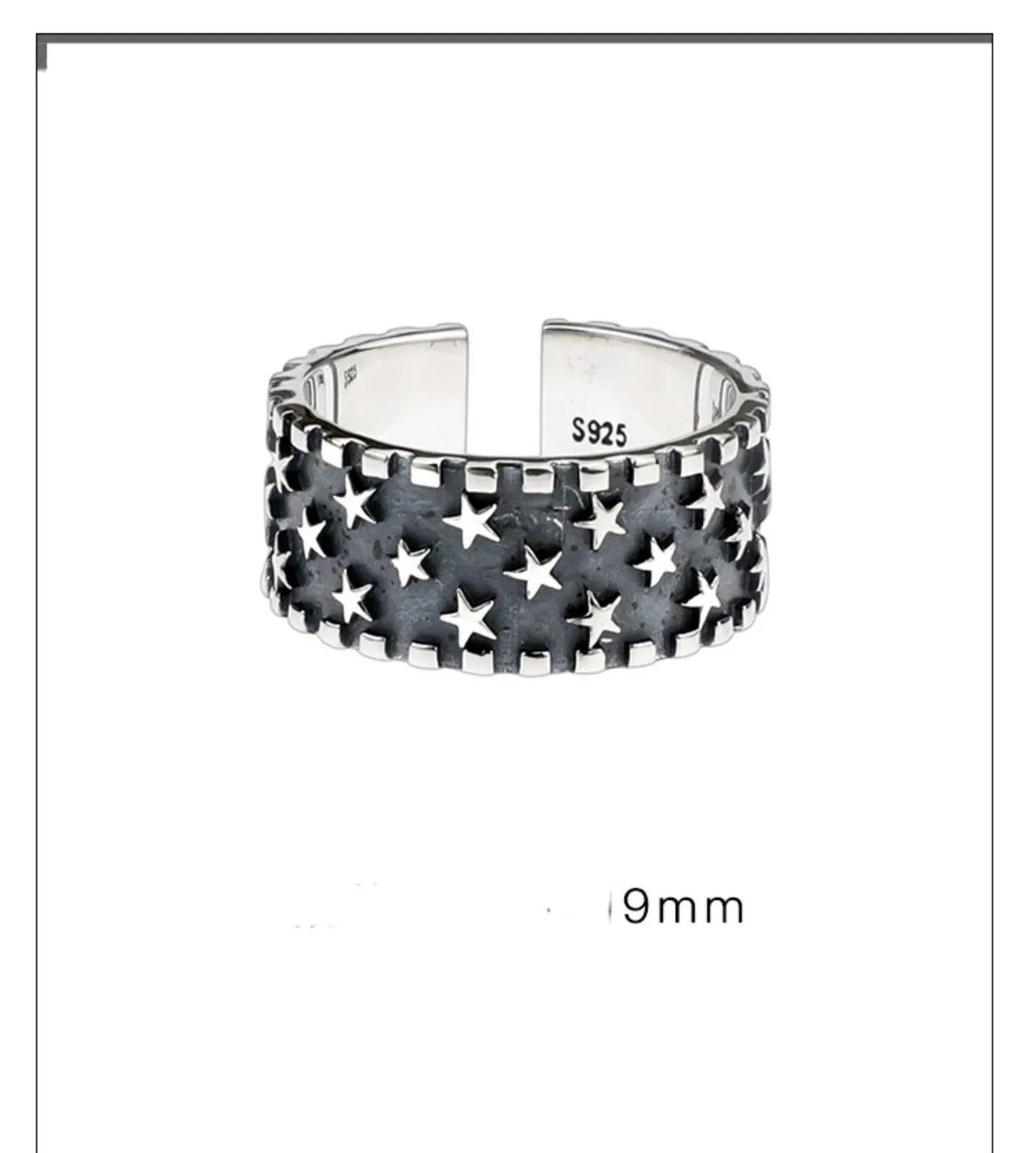 Adjustable silver ring with a geometric pattern of multiple five-pointed stars on a white background.