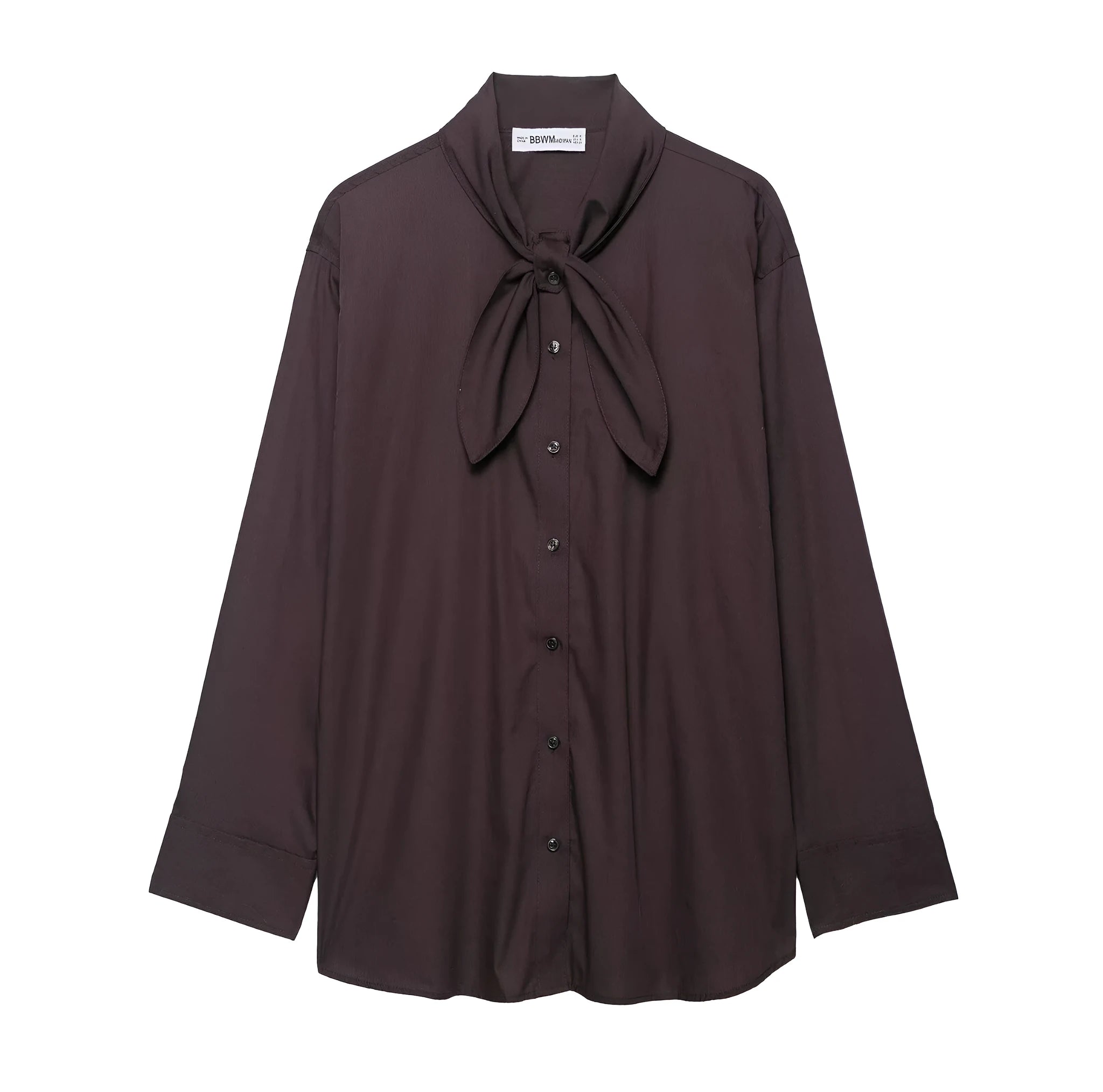 Brown women's poplin shirt with scarf detail and bow tie in cardigan style