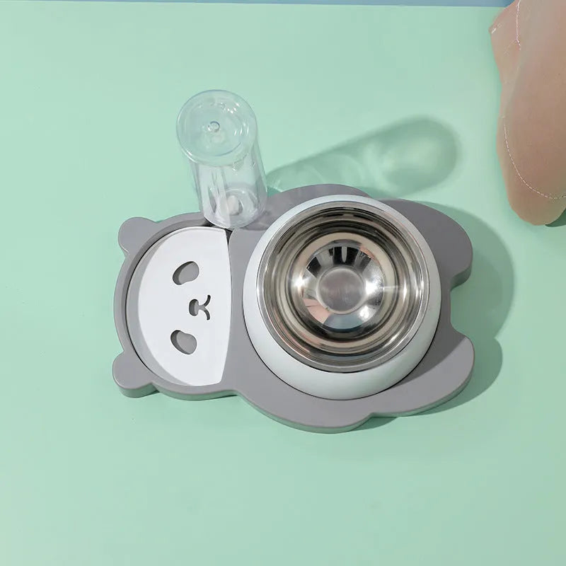 Grey panda-shaped tilted pet bowl set with stainless steel dish and automatic water bottle