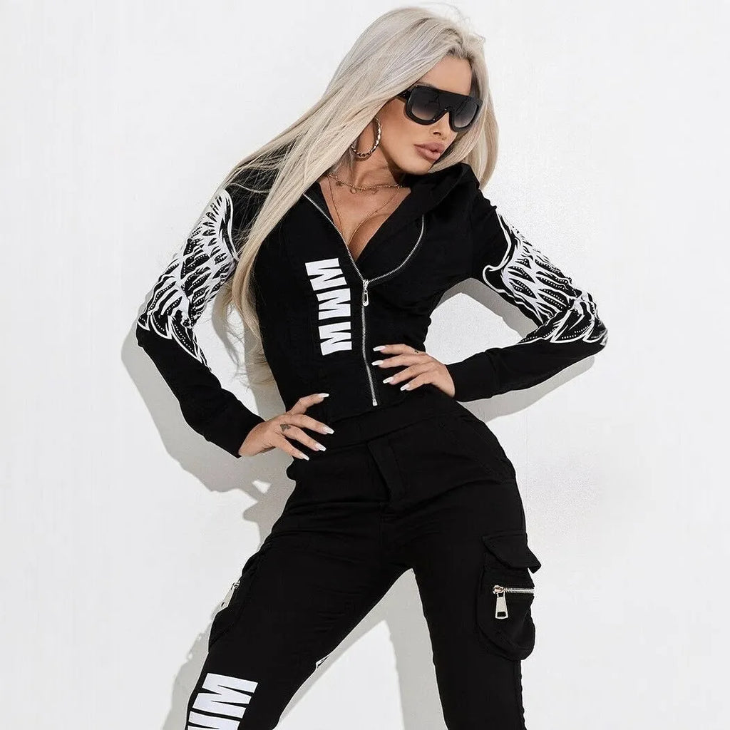 Women's black casual suit with wings printing design featuring hooded zipper jacket and matching trousers