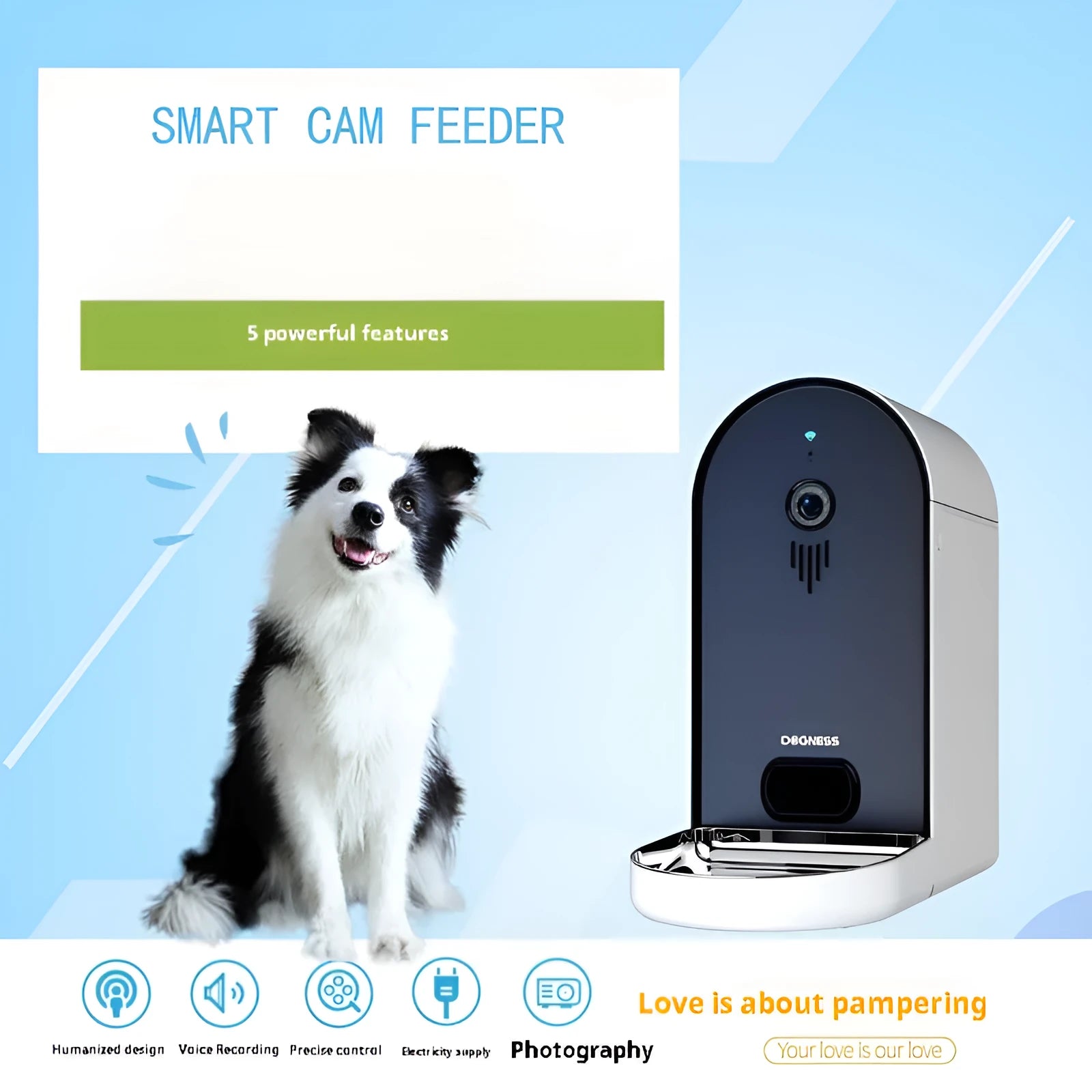 Smart automatic pet feeder with digital display in a two-tone colour option on a kitchen counter.