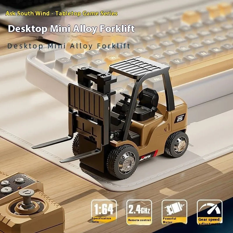 1:64 scale alloy remote control forklift toy with Bluetooth controller and cargo accessories.