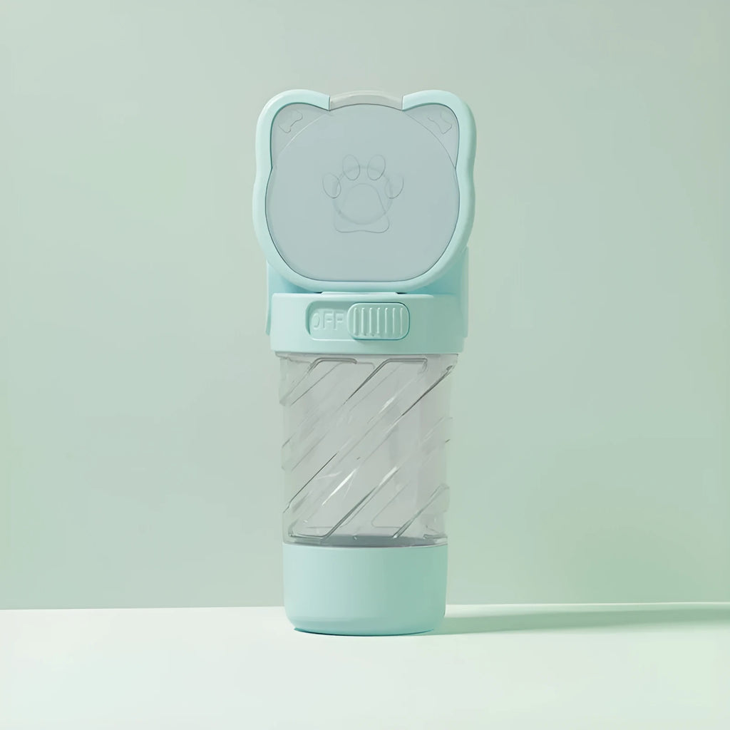 Green 3-in-1 portable pet water bottle with water dispenser, food container, and garbage bag compartment
