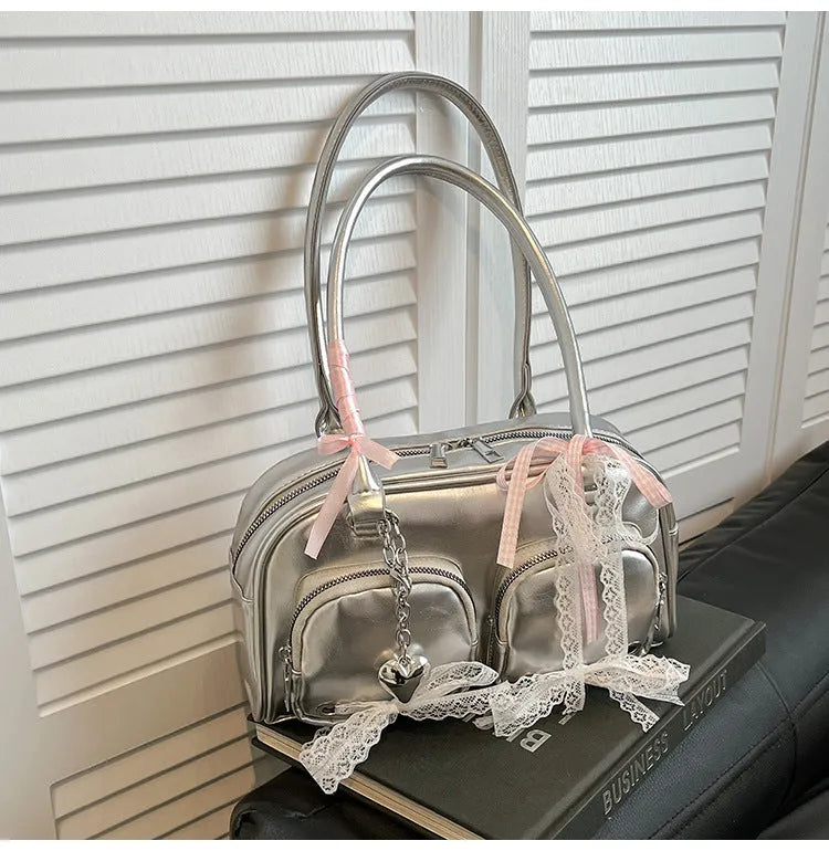 Soft PU horizontal shoulder bag in beige with double straps and interior phone pocket