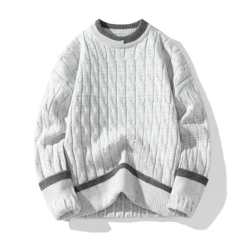 Men's loose fit two piece modal acrylic blend sweater set in light blue on a hanger.