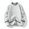 Men's loose fit two piece modal acrylic blend sweater set in light blue on a hanger.