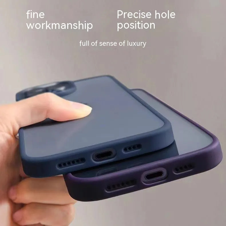 Transparent acrylic phone case with lens protector for iPhone, showing drop-resistant design and multiple colour options including navy blue and starlight white.