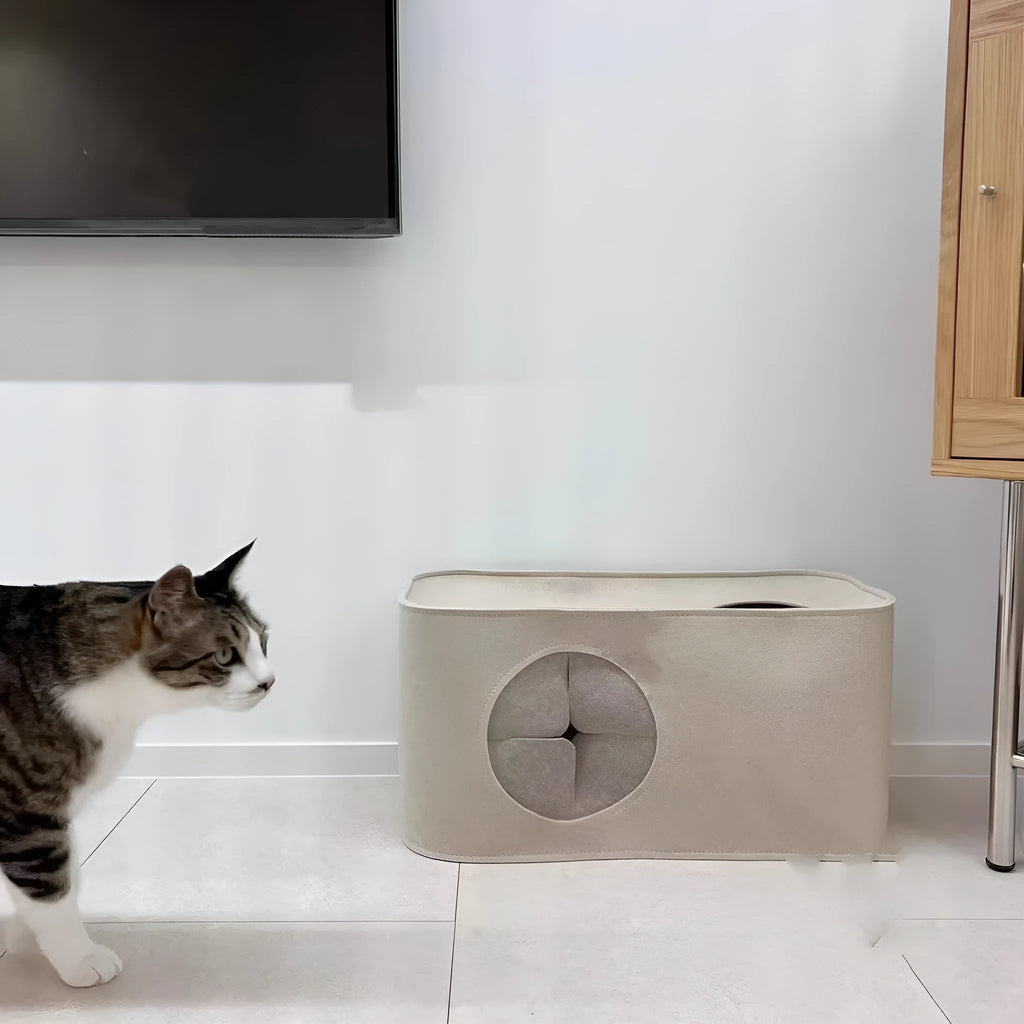 Grey foldable felt cat bed nest shown next to khaki version, demonstrating two size options