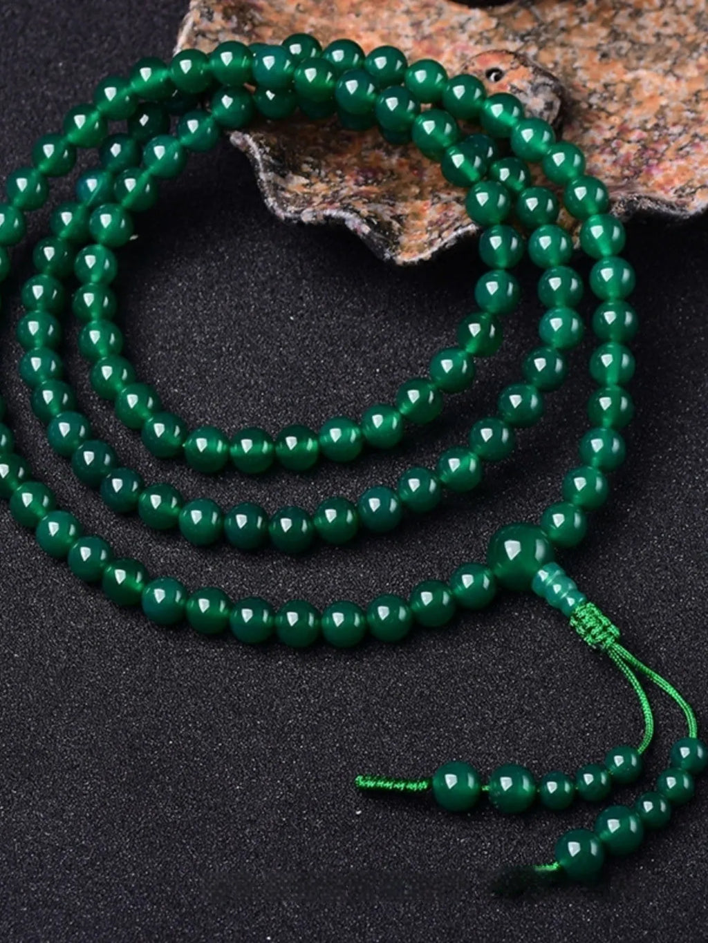 Natural green agate 108 bead multi-circle bracelet with Thangka design and certificate