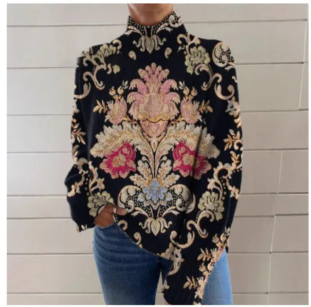 Black long sleeve turtleneck sweater with a 3D printed pattern, shown in a loose fit.