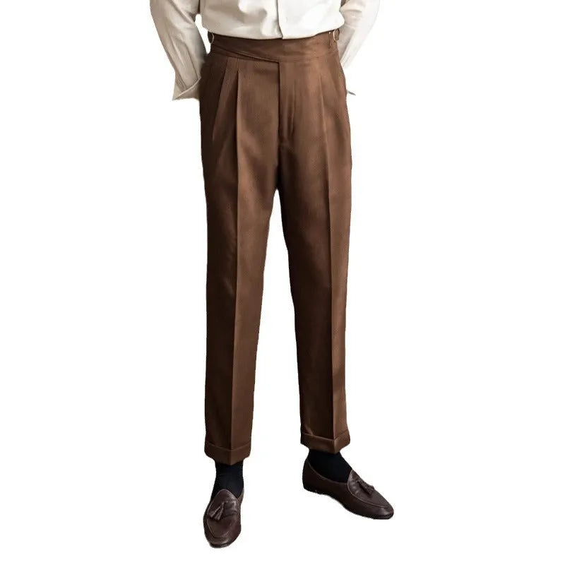 Men's black high waist straight-leg casual trousers on hanger showing waistband and leg cut