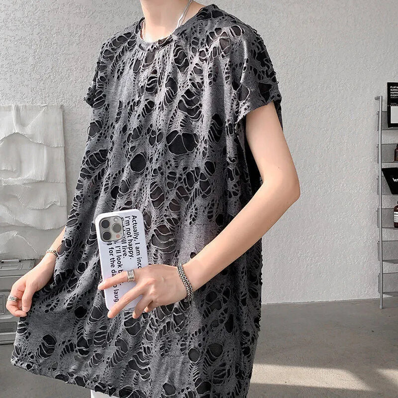 Black loose-fit wide shoulder vest with ripped sleeves and Japanese retro style.