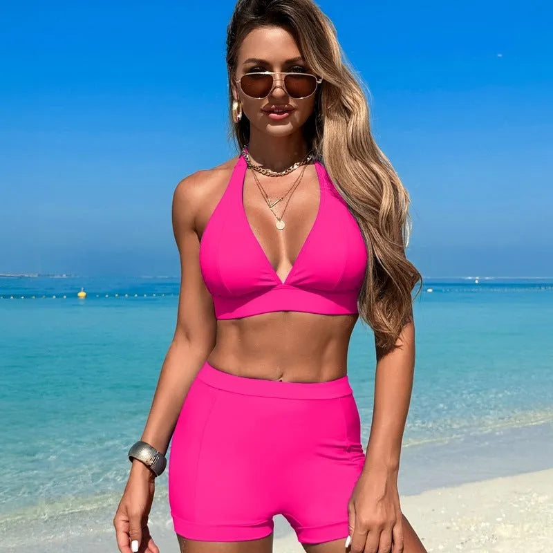 Women's black bikini swimsuit with split design for swimming and hot spring use