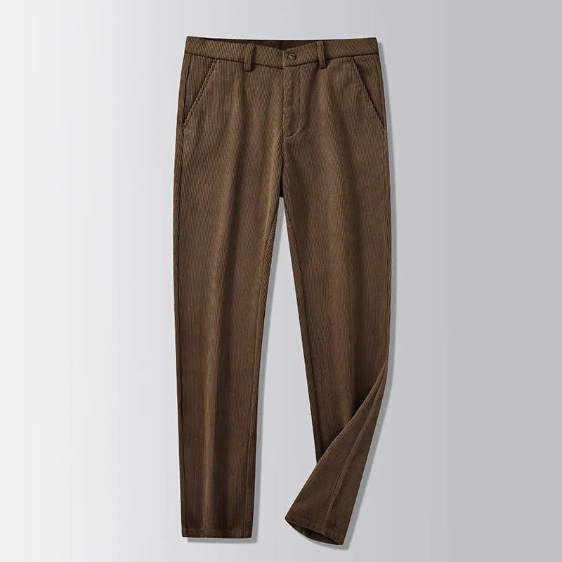 British retro striped straight pants in polyester blend fabric with zip placket fly opening