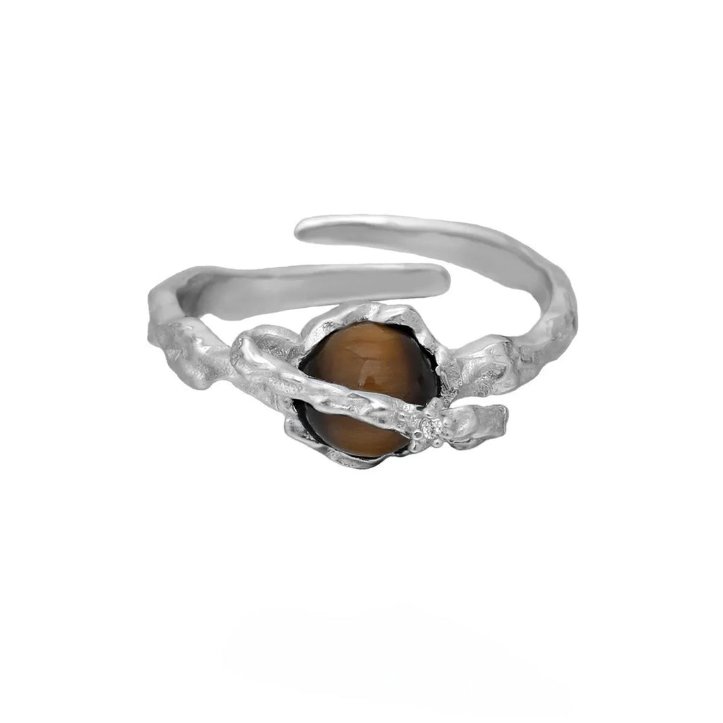 Silver Saturn-themed adjustable open ring with white gold electroplated finish for women.