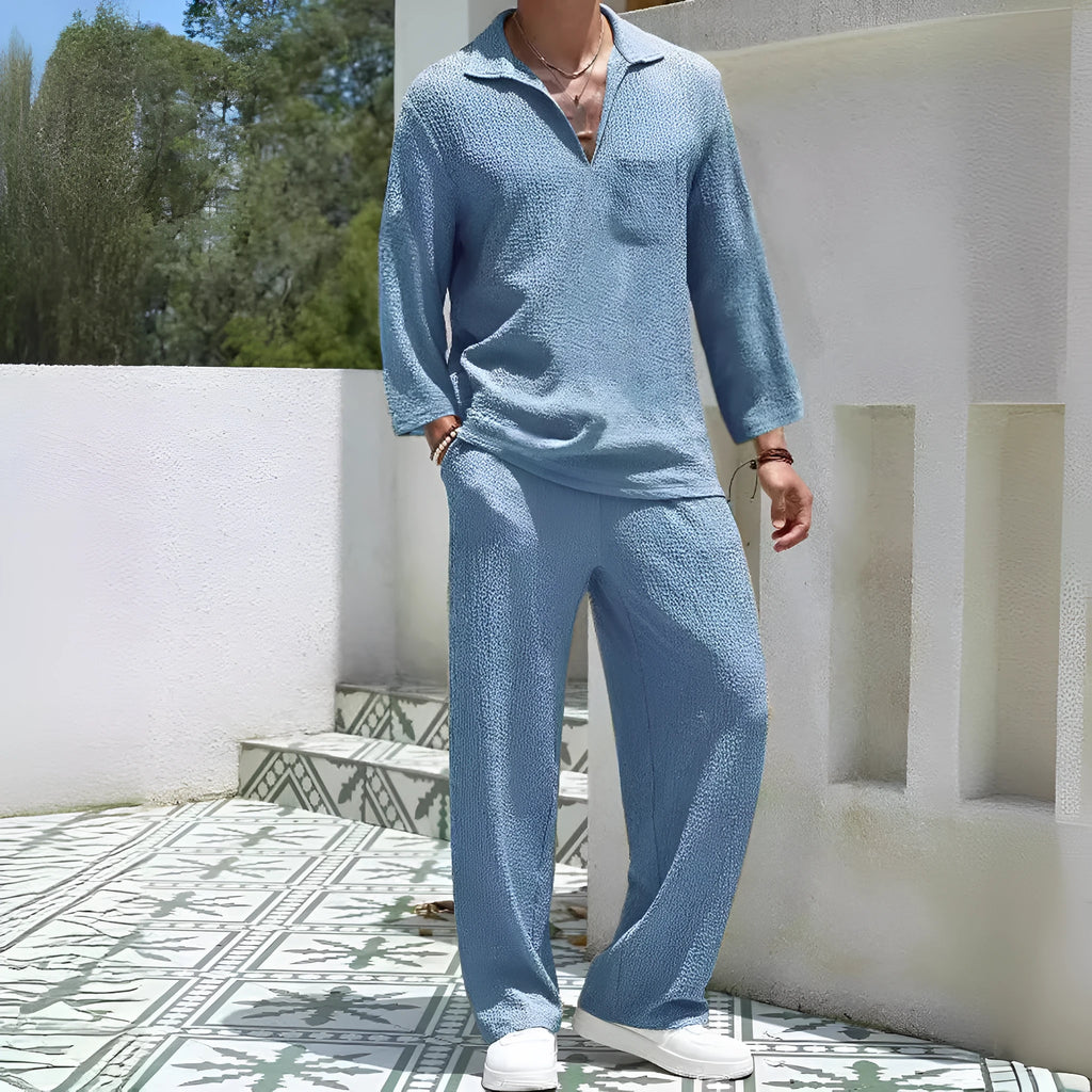 Men's casual polyester commuter suit with shirt-style jacket and trousers in four colour options