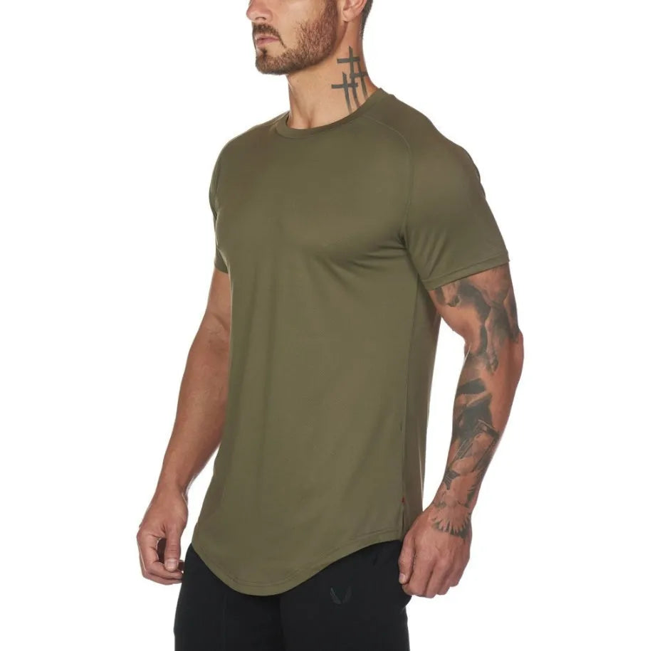 Plain men's gym shirt in a cotton and spandex blend shown in multiple colour options.