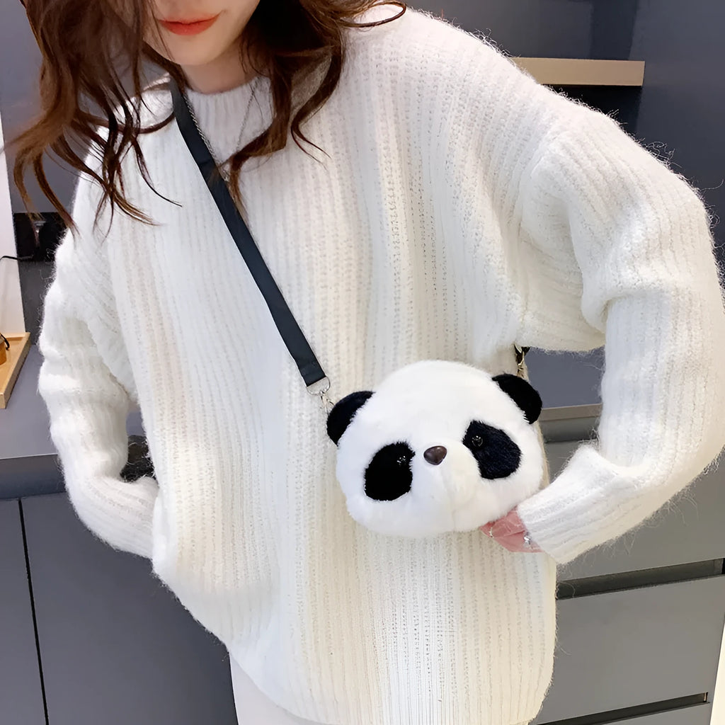 Plush cylindrical crossbody bag with panda head design measuring 18×15×8cm