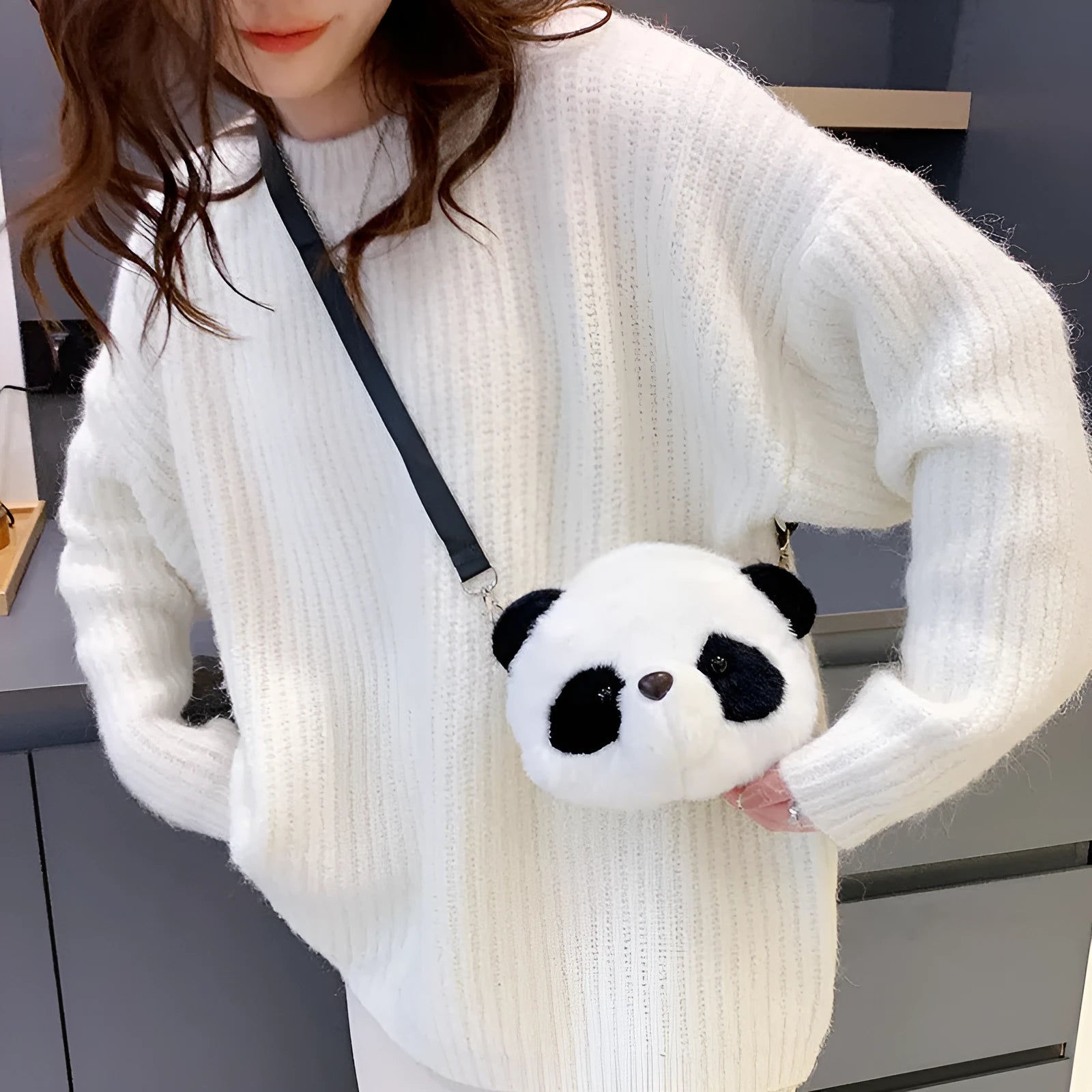 Plush cylindrical crossbody bag with panda head design measuring 18×15×8cm