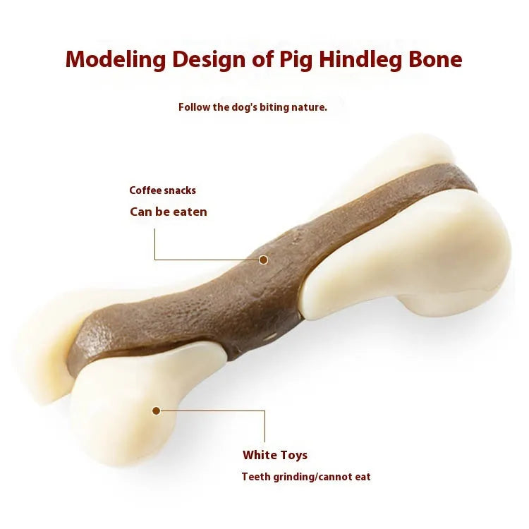Bone-shaped dog chew toy in edible nylon and rawhide materials, available in small and large sizes