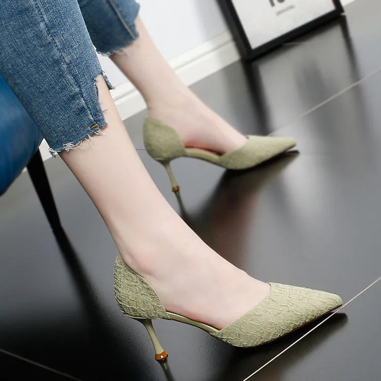 Women's black pointed toe stiletto high heel shoe with PU leather upper
