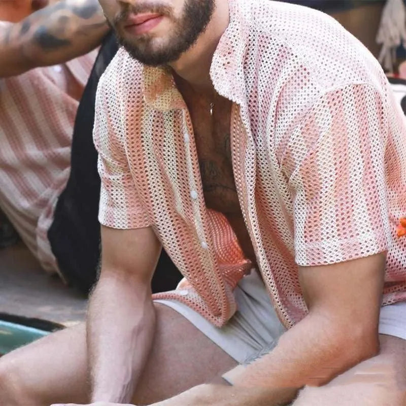 Men's pink waffle texture shirt cardigan with hole design and short sleeves
