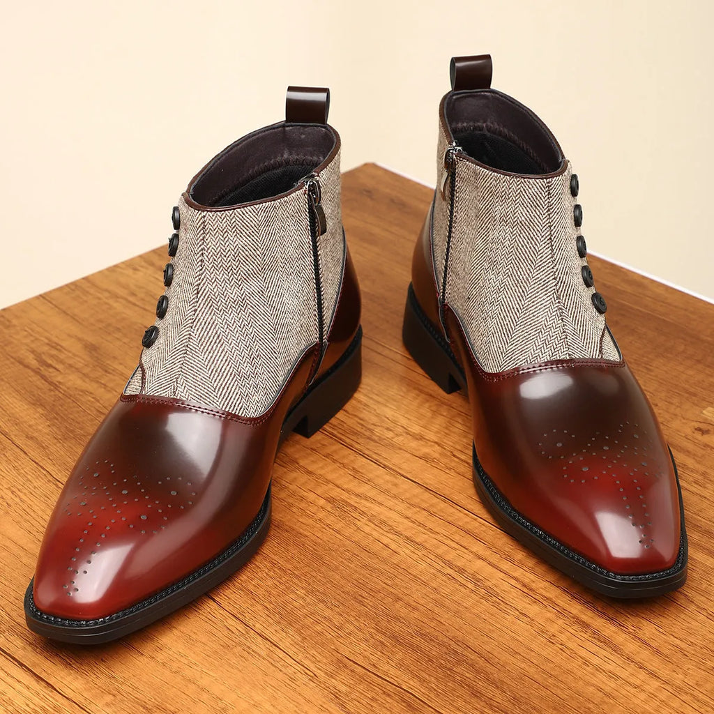 Men's brown retro style formal shoes with side zip and square toe