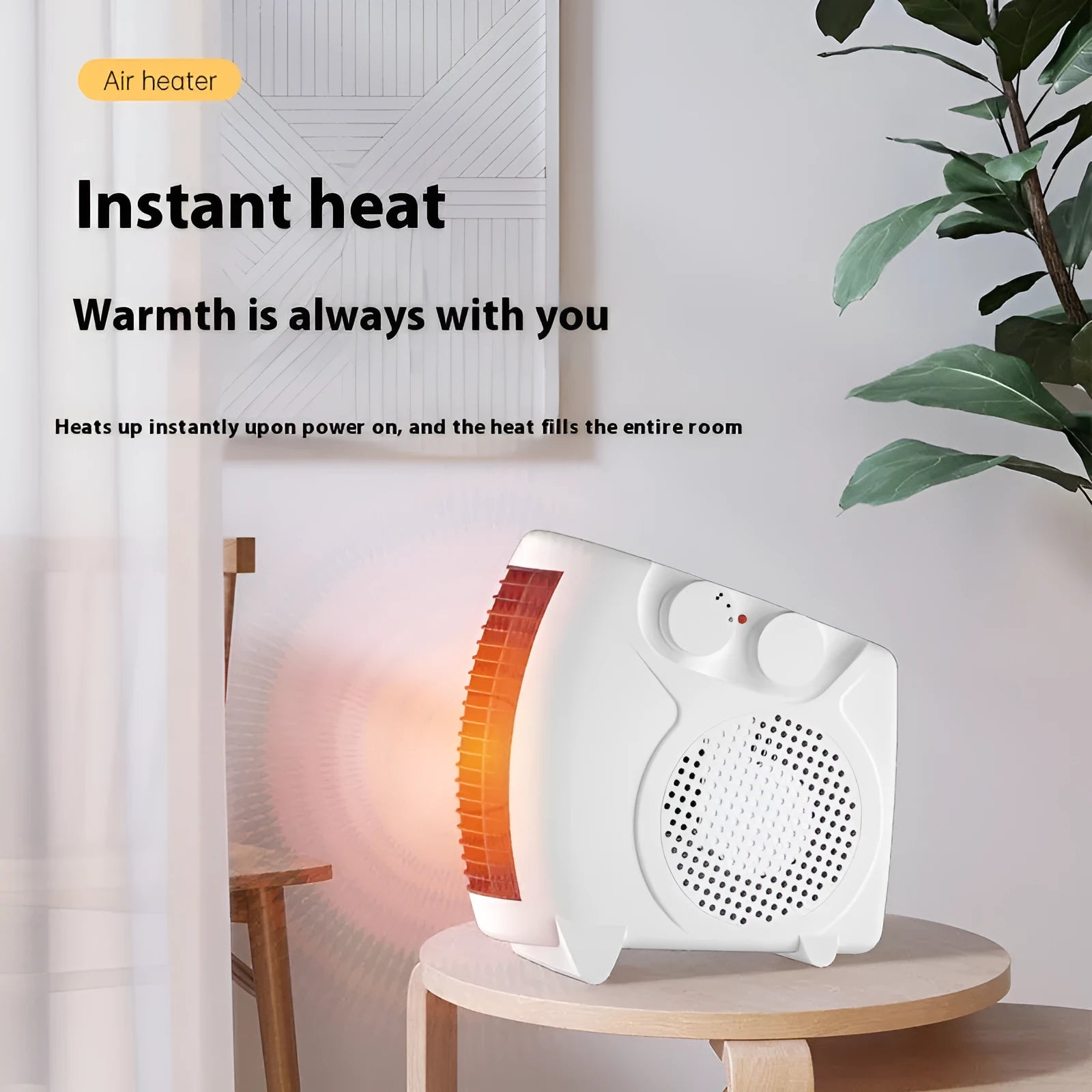 Small white desktop electric heater with control dial on a wooden desk.